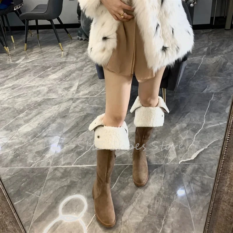 Fashion Turned-over Edge Snow Boots for Women Over the Knee Boots Winter Warm Pulsh Boots Ladies outside Anti-slip Zipper Boots