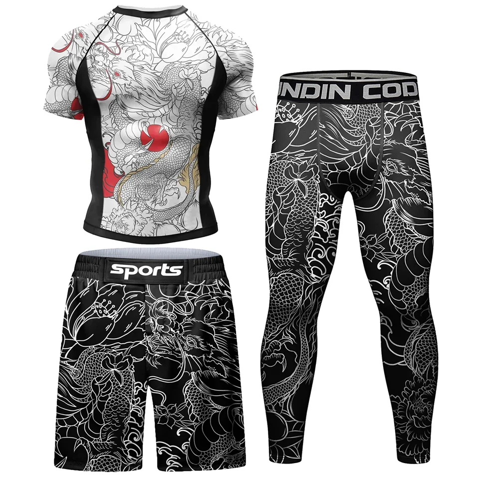 Uomo BJJ Rash Guard Jiu Jitsu t-shirt pantaloncini stampati a sublimazione Rashguard arti marziali boxe MMA abbigliamento Compression Wear Suit