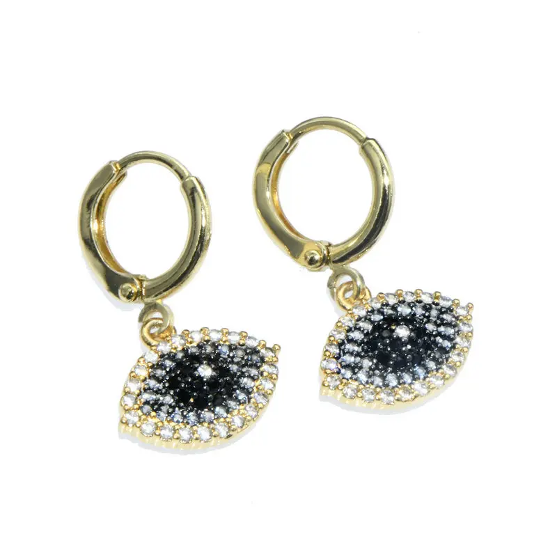 

Color Remain Black Gold Double Plated Copper Black White CZ Paved Evil Eye Dangle Clip On Hoop Earrings for Women