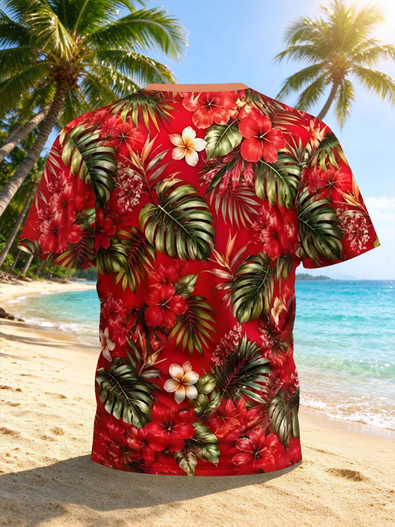 Men's Tropical Hibiscus Leaf 3D Printed V-Neck Short-Sleeve T-Shirt, Summer Beach Vacation Casual Top, Lightweight Breathable Loose Short-Sleeve, Everyday Wear, Beach Party Fun Visual Print Men's Short-Sleeve