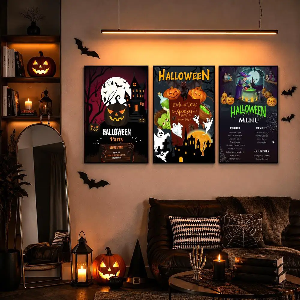 Vintage Halloween Pumpkin Heads Painting Calligraphy Modern Halloween Wall Art for Bedroom Living Room Minimalist Home Decor