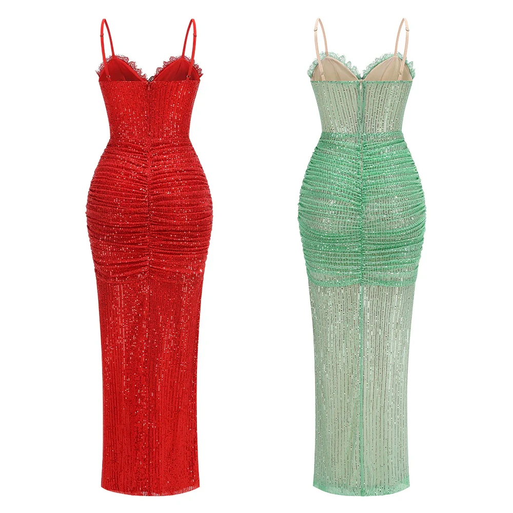 Sexy Spaghetti Strap Backless Sequin Dresses Heart Decoration Smocked Tiered Split Cocktail Evening Party Luxury Long Gown