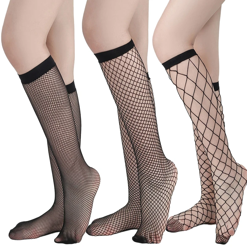 Women's Black Fishnet Knee High Socks Stylish Black Hollow Out Mesh Stockings