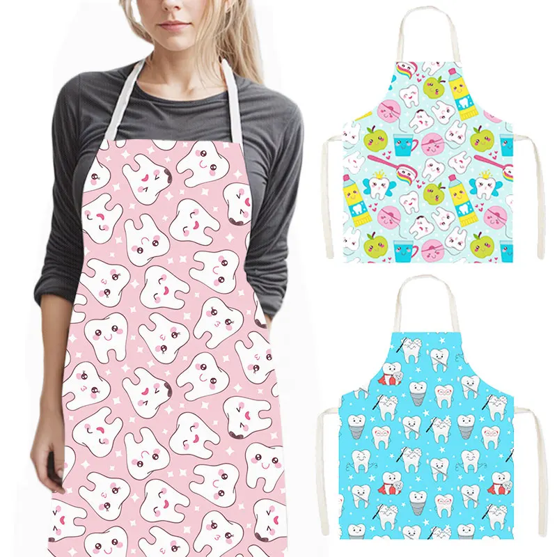 

Cartoon Teeth Floss Dentist Print Kitchen Aprons Tooth Fairy Women Home Cleaning Clothing Chef Cooking Pinafore Girls Apron