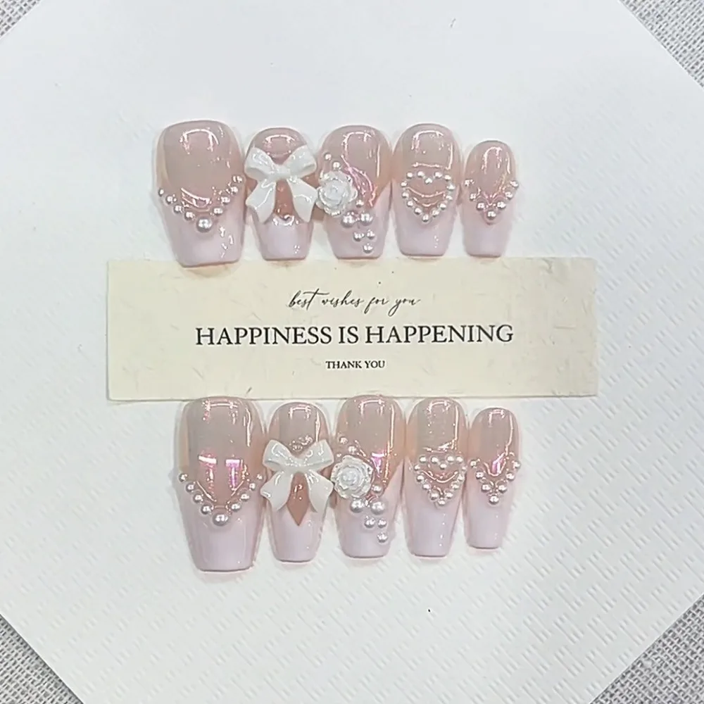 

10 Pieces Sweet Elegant Glitter Handmade Press On Nails Pink Aurora White Bow Roses Cat Eye Art Fake Nails Removable Reusable