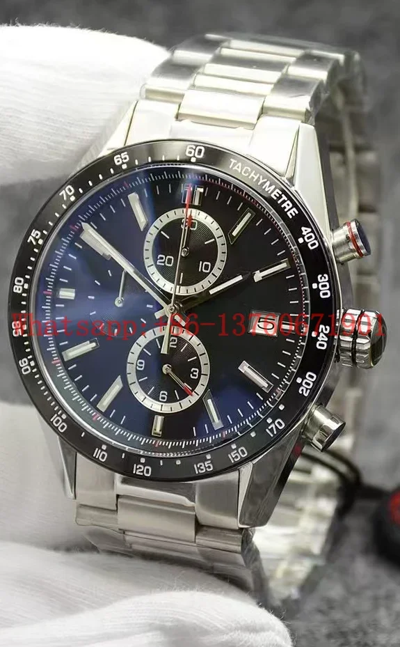 Luxury New Mens Quartz Chronograph Watch Black Blue Ceramic Leather Stopwatch Stainless Steel Luminous Sapphire