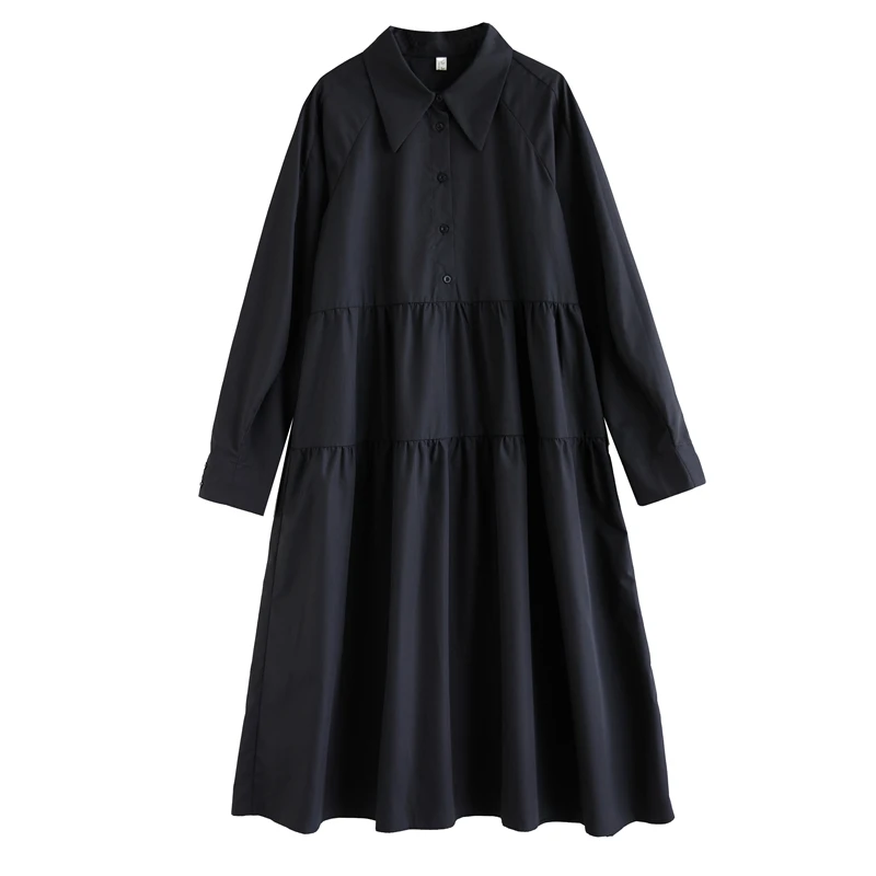 Slimming Effect Loose Black Wind 3D Tailoring Shirt Dress Autumn New Style Dark Style A-Line Polyester Fiber Long Sleeve ...