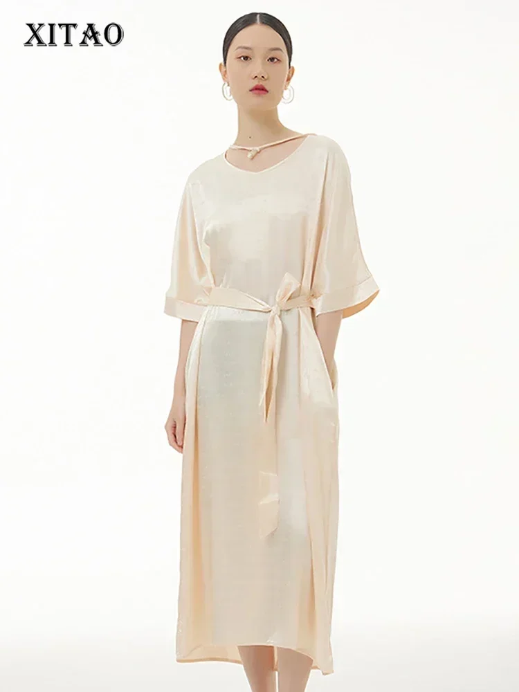 

XITAO Simplicity Bandage Dress Fashion Casual Loose Lacing O-neck Collar Splicing Women Summer New Temperament Dress WMD6962