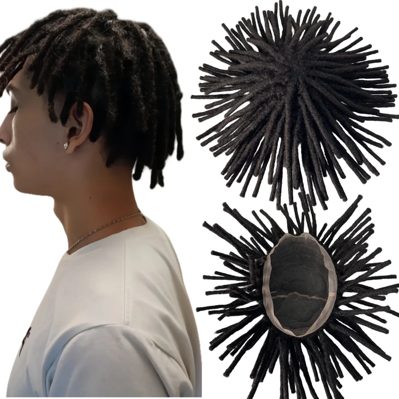 Indian Virgin Human Hair Replacement 6 inches #1b Black Dreadlocks Size 12x14 Full Lace Wig for Black Men