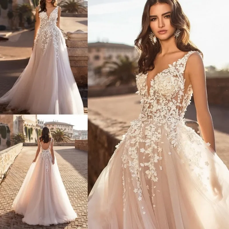 naviblue dolly v neck beach wedding dresses sexy backless 3d floral appliqued lace bridal gowns sweep train tulle vestido de