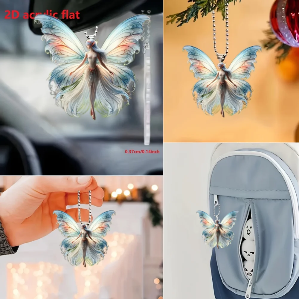 2D Butterfly Fairy Keychain Elf Pendant Acrylic Ornament Charms Hanging Christams Decoration for Car Bags Festive Party Gift