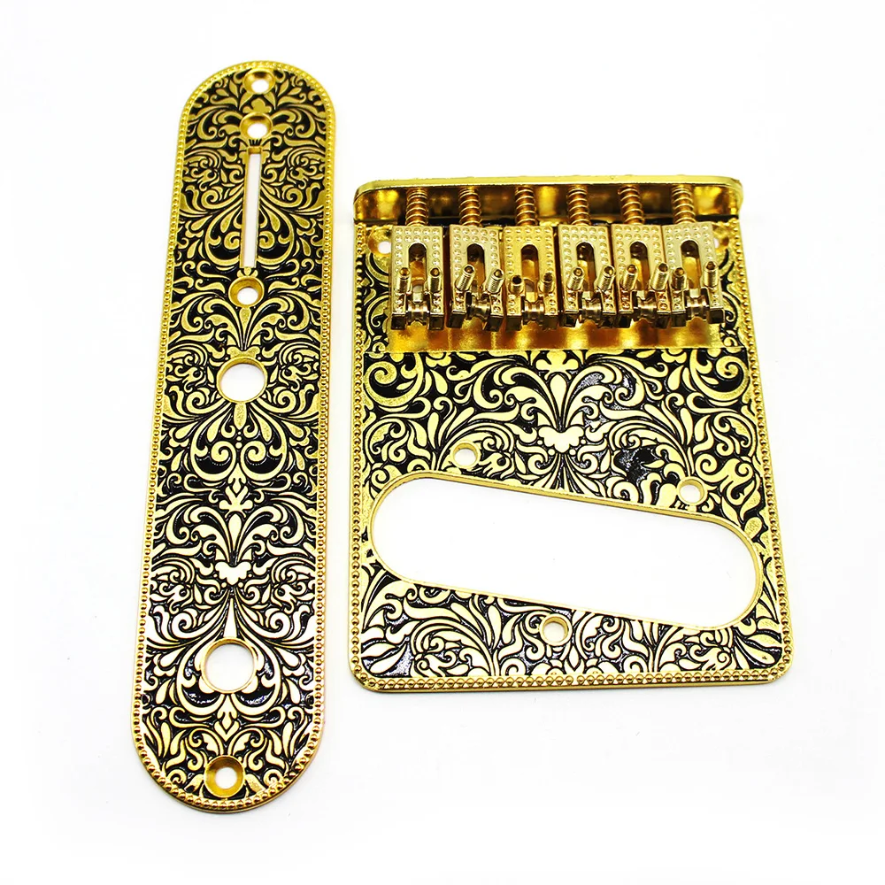 6 String Roller Saddle Bridge and Control Plate for TL Electric Guitar with Carving Decorative Pattern Strings Through Bridge