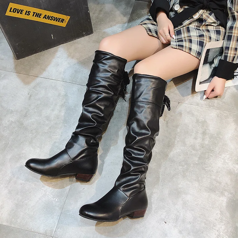 Shoes For Women 2023 Spring Knee High Boots Red Black White Tall Boots Woman Pleated Low Heel Casual Leather Female Long Shoes