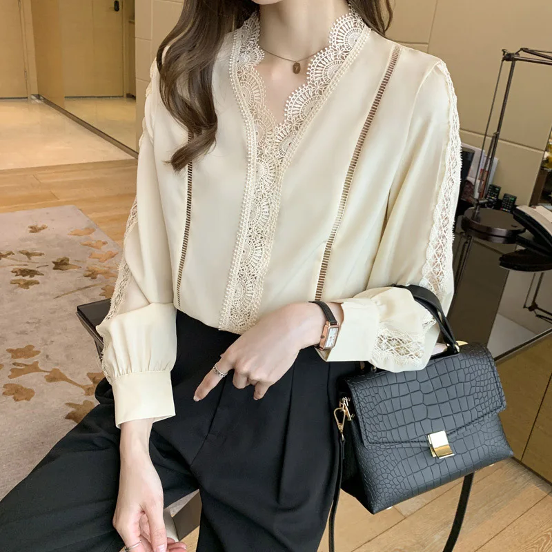 Women Clothing Lace Chiffon Shirt Spring Autumn New Loose Solid Long Sleeve V-neck Blouse Female Fashion Simple Top