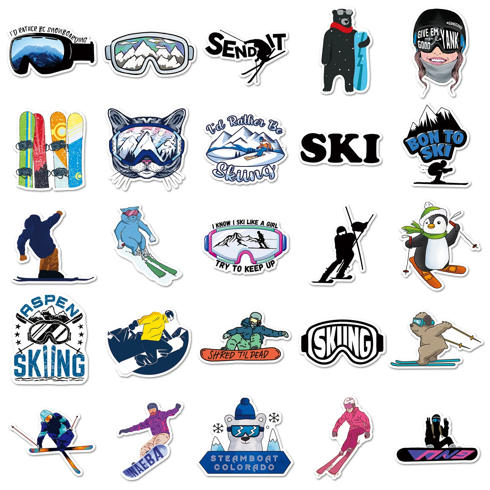 50 Uds. Esquí deportes extremos imágenes de dibujos animados Graffiti texto decoración monopatín portátil iPad pegatina impermeable juguete para niños