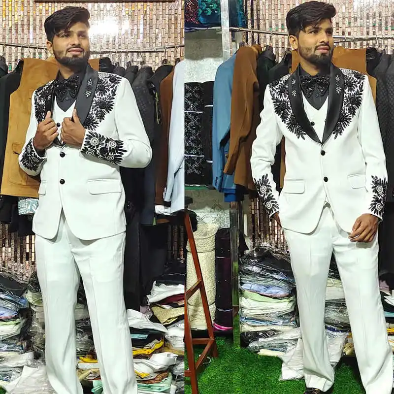 

Fashion Men Suits 2 Piece Jacket Pants Appliques Shawl Lapel Single Breasted Formal Banquet Party Wedding Customized