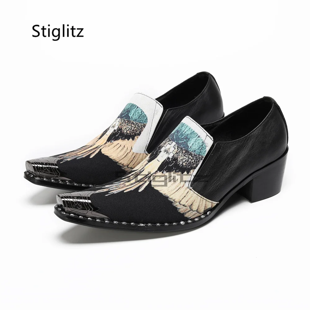 

Trendy Prints High Heels Business Shoes for Men Metal Pointed Toe British Style Slip On Patchwork Casual Party Dress Male Shoes