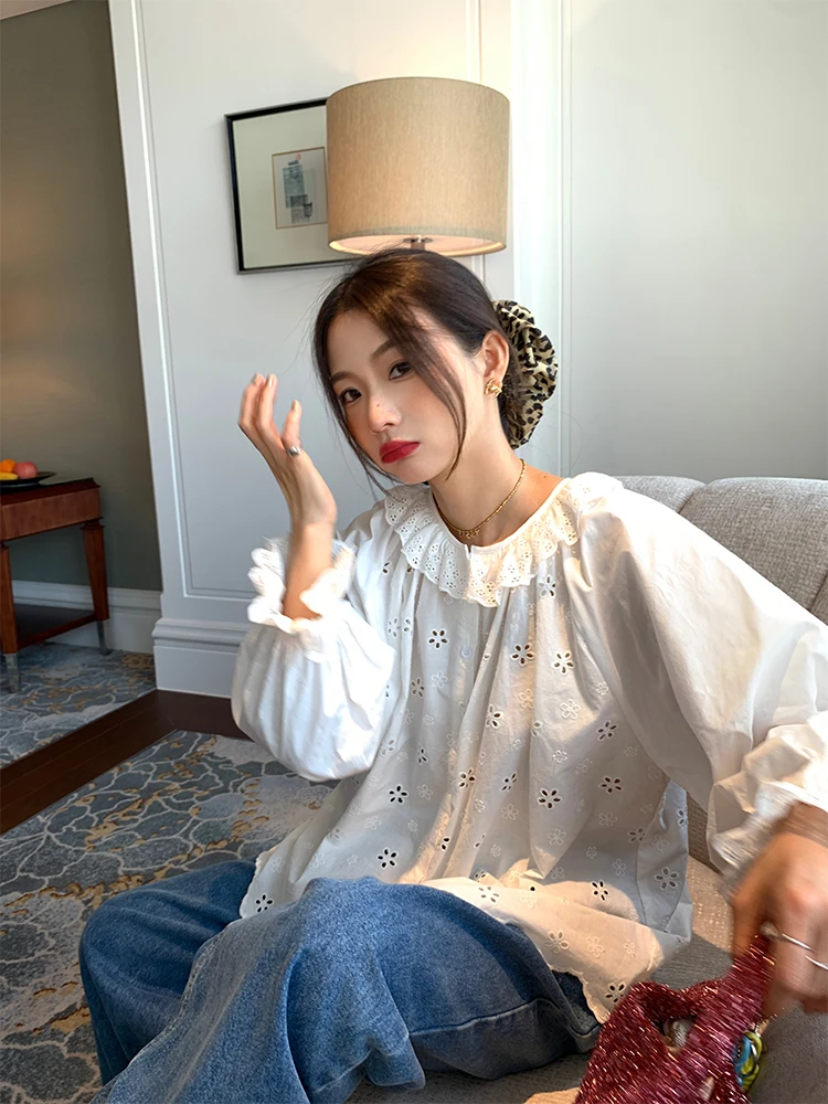 

White Loose Women's Shirt 2025 New Design Overhead Top Small Size Cotton Long Sleeve round Neck Breathable Comfortable Korean...