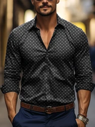 Camisa informal de negocios para hombre, camisa de manga larga con botones y estampado de lunares, solapa