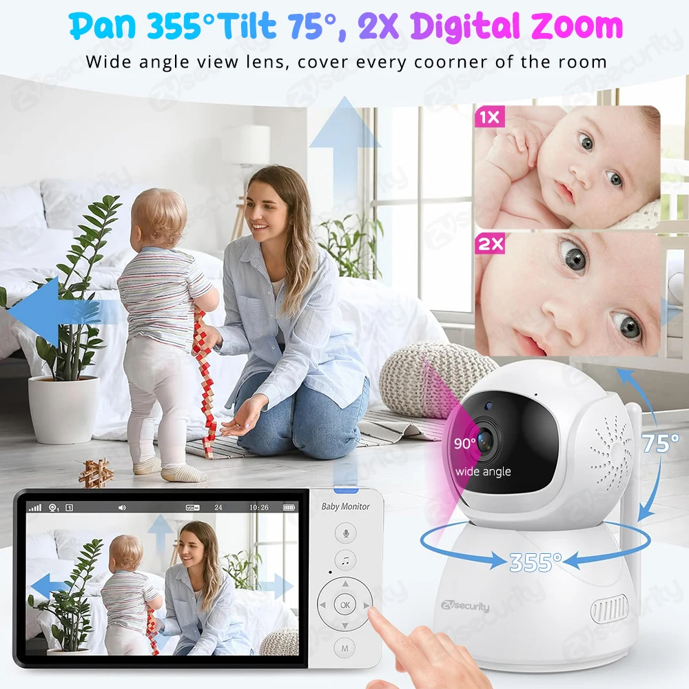 Imagem -03 - Tela Ips de Polegadas Pan-tilt-zoom Câmera Video Baby Monitor com Bateria de 30 Horas Conversa em Vias Visão Noturna Temperatura Canções de Ninar Armazenamento em Cartão sd e Alcance de 1000 Pés sem Wifi