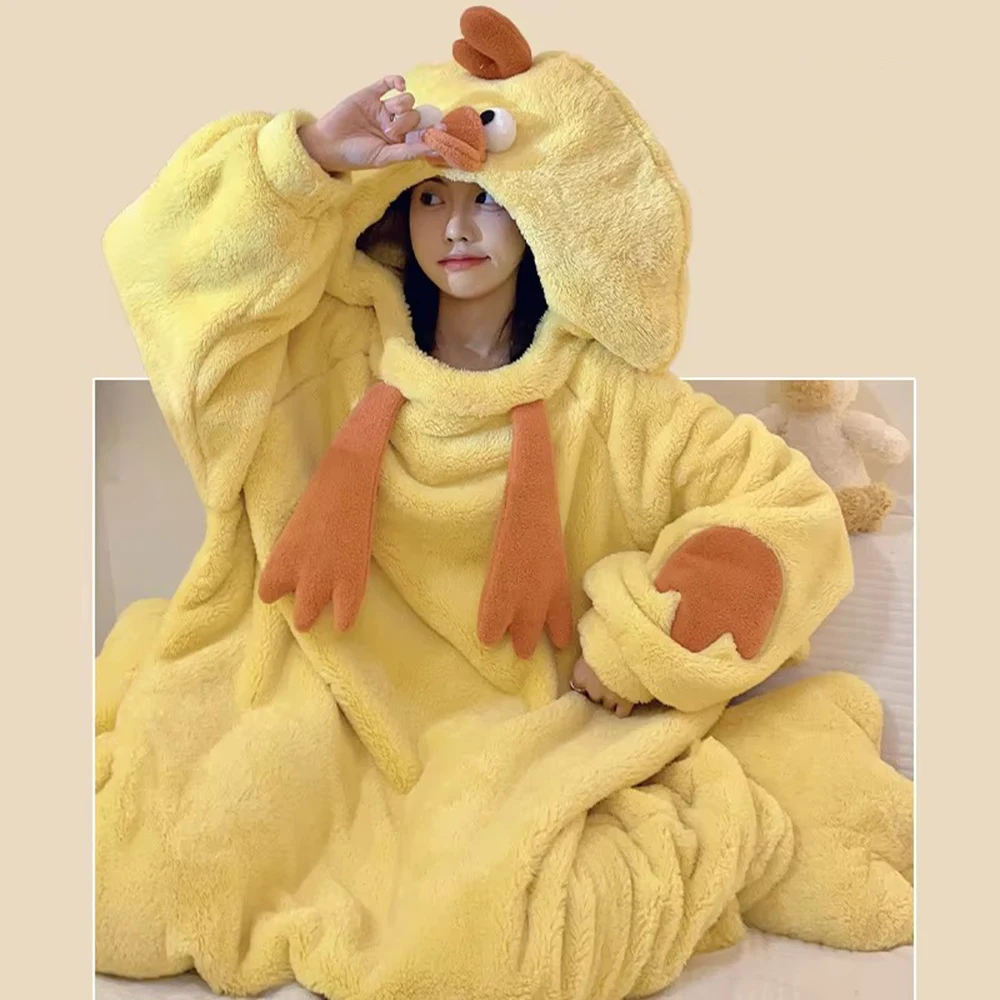 Adult Onesie Pyjama Animal Halloween Yellow Chicken Costume Unisex Onesies Plush Cosplay Pajamas Set One-Piece Sleepwear Blanket