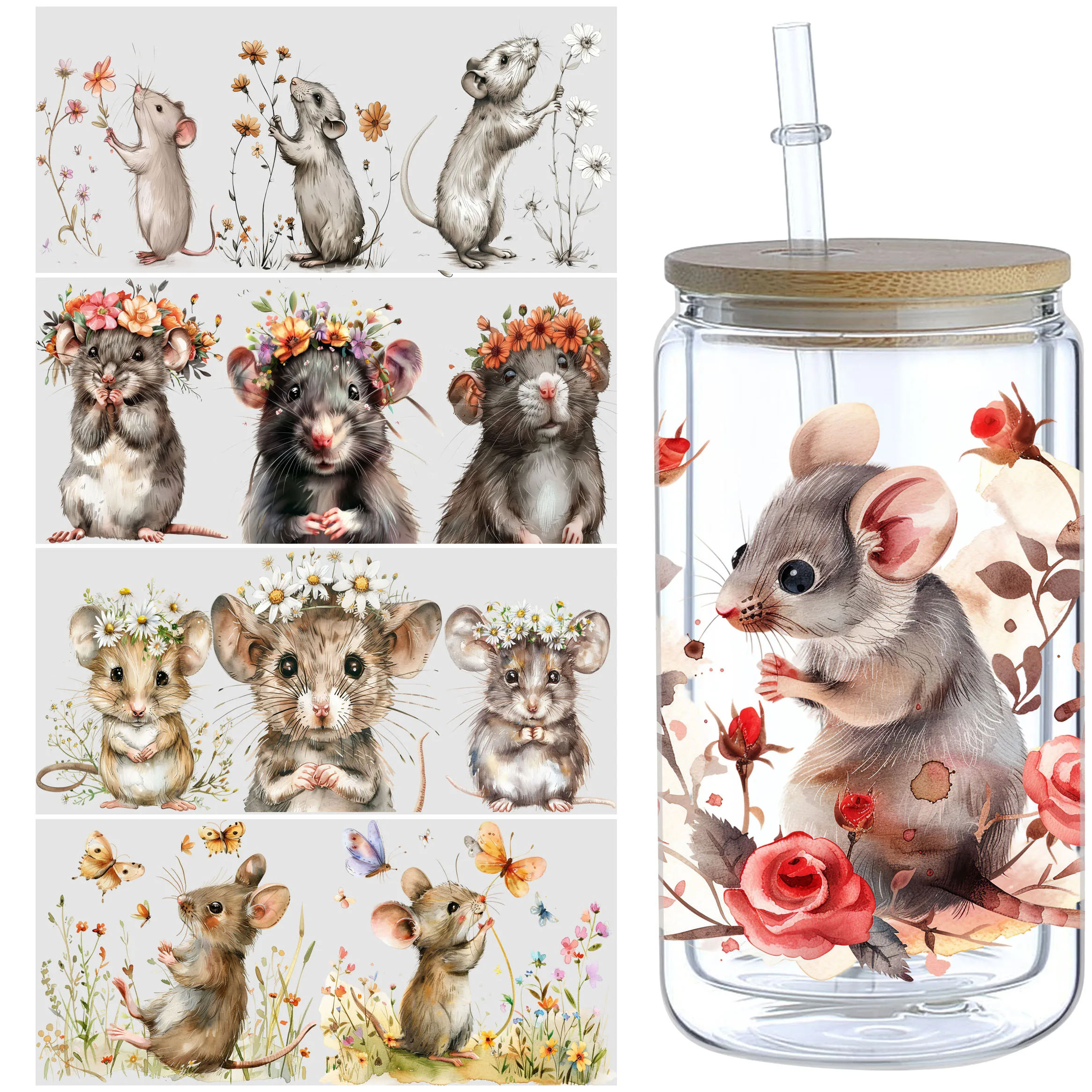 5 Sheets Mouse UV DTF Cup Stickers, Glass Movement DTF Transfer Stickers, Waterproof Wipe Transfers for 16 oz Glass, Mugs,