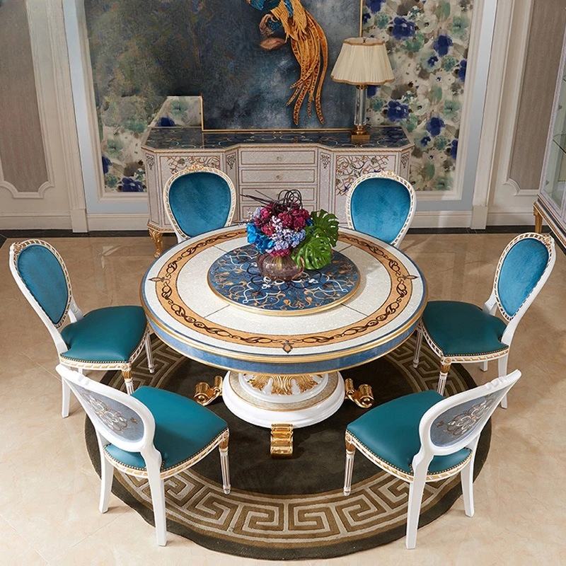 

Italian French mahogany shell inlaid parquet with turntable blue dining table