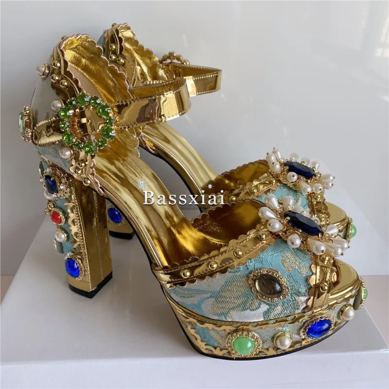 Top Quality Embroidery Satin Party Shoes Summer Beads Pearl Chunky Heel Rhinestone Diamond Platform Sandals Women image 2