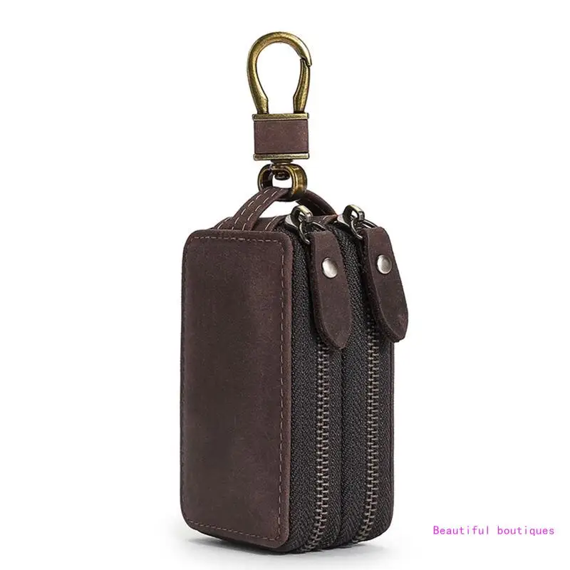 Portable Vintage Leather Keybag Holder Car for Key Purse Bag Double Pocket Zipper for Case Keychain Pouches Wallet DropShip