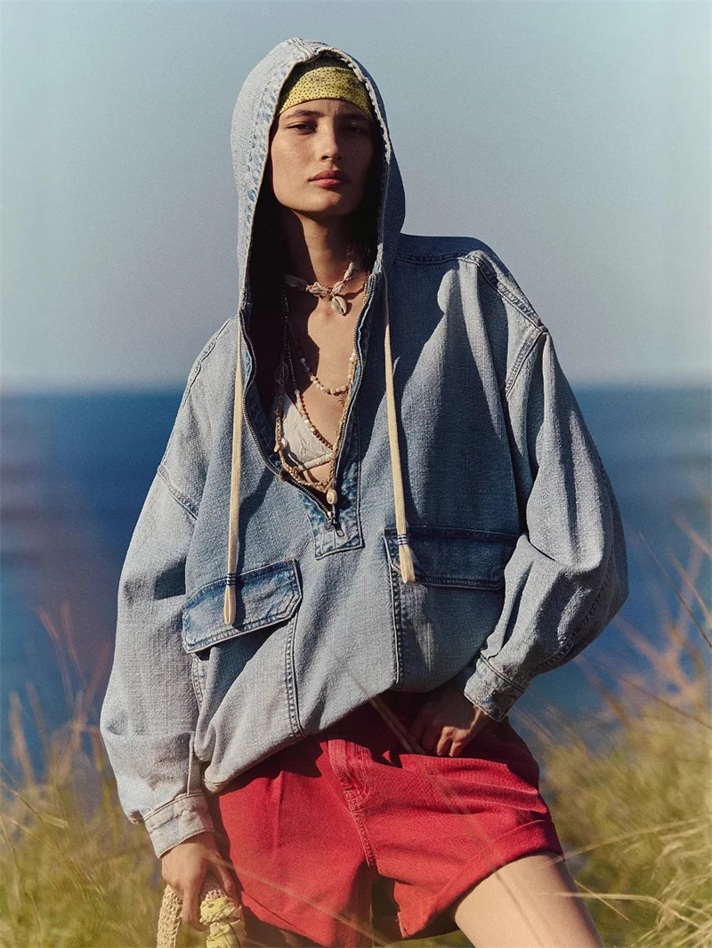 Fashion Casual Washed Denim Drawstring Hoodies Women Loose Vintage Hooded Pullover Tops 2025 Autumn Female Sweatshirt Streetwear