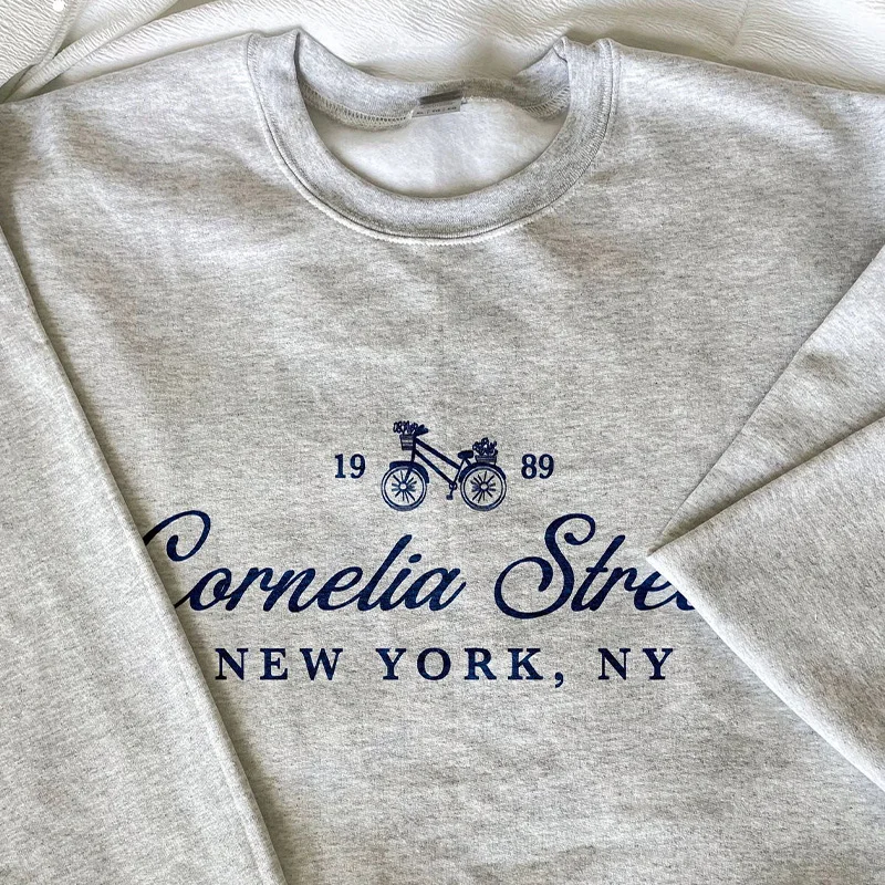 New York Cornelia Street Letters Printed Vintage Style Men Women Loose Sweatshirt Long Sleeve Loose Cotton Thick Autumn Pullover