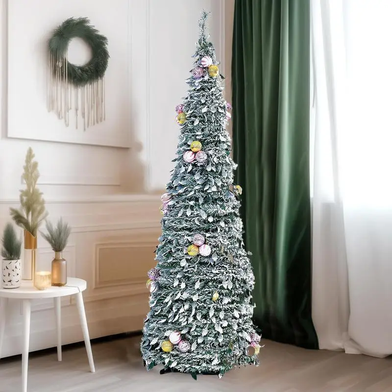 1.8M Pre Lit Pre Decorated Christmas Tree Pop Up Christmas Tree Foldable Xmas Tree for Porch Party Dining Rooms Home Decorations