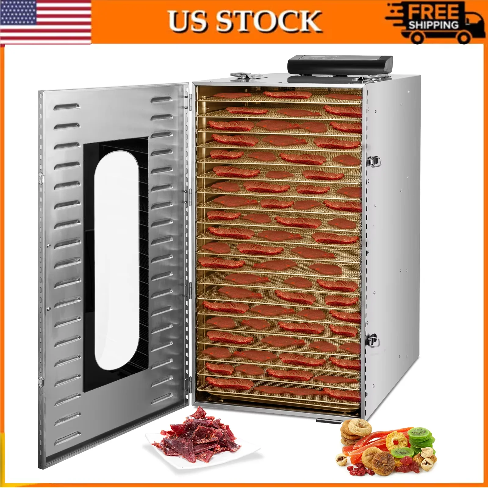 Dörrgerät aus Edelstahl, 20 Tabletts, kommerzielle Dörrgeräte, Trockner für Obst, Fleisch, Rindfleisch, Dörrfleisch, Dörrfleisch, Kräuter mit einstellbarem Timer