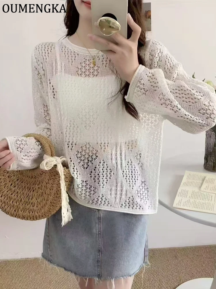 OUMENGKA T-shirts Women Spring Summer Long Sleeve Tops Thin Breathable Hollow Out Korean Style O-Neck Loose Chic All-match Tees