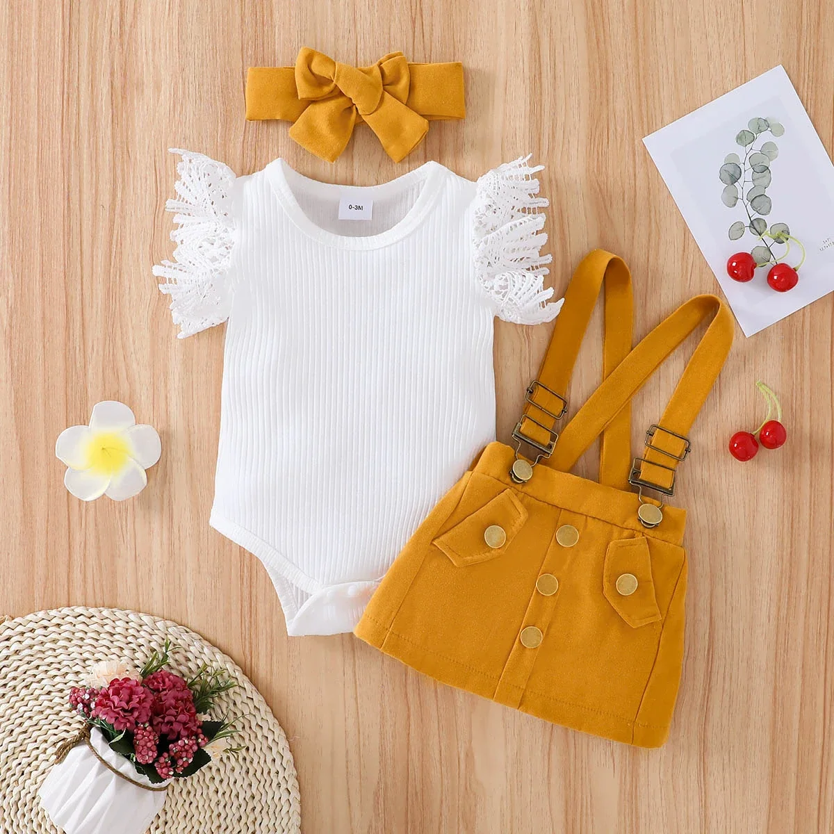 PatPat 3pcs Baby Girl Lace Flutter-sleeve Ribbed Romper and Suspender Skirt with Headband Set Soft and Comfortable