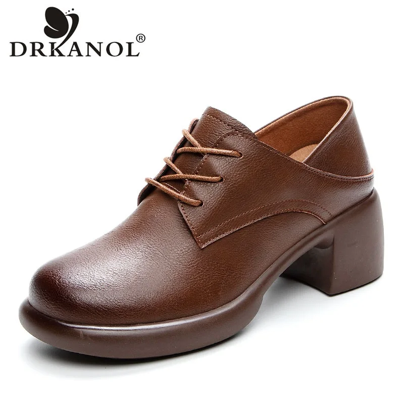 

DRKANOL Literary Style Pumps Women Thick High Heel Casual Shoes Real Cowhide Lace-Up Round Toe Women Leather Shoes Retro Brown