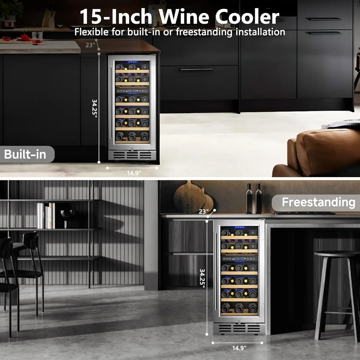 15 Inch Dual Zone Wine Refrigerator, 29 Bottle Under Counter Wine Fridge, Wine Refrigerator for Built-In or