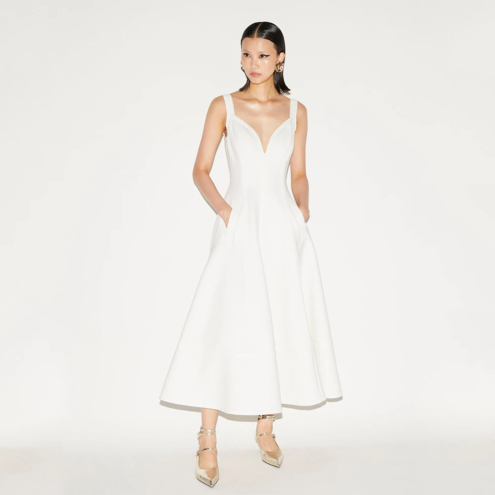 

Midi Cocktail Dress Tea Length V Neck A Line Simple Cocktail Gowns with Pockets Sleeveless Elegant Women's Formal Party Dresses