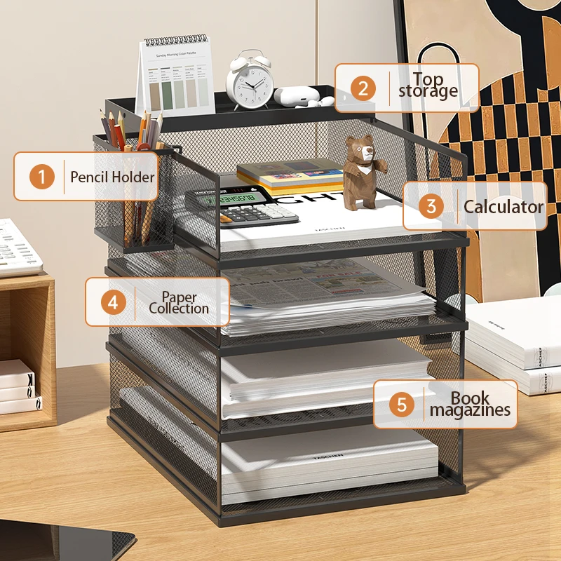 4-Tier Stackable Letter Tray Office Desk Paper Organizer File Trays, Desktop Holder for Paper Letter Accessories with Pen Holder