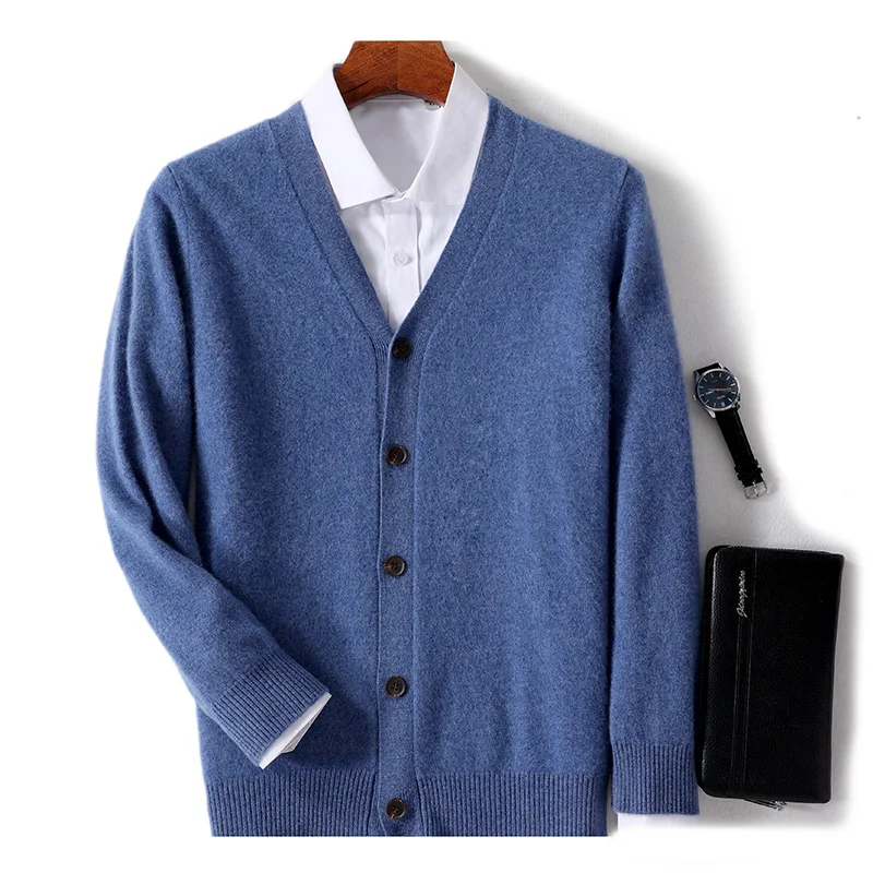 Autumn And Winter 100% Wool Cardigan Men's V-neck Solid Color Sweater Business Casual Coat Knitted Bottoming Shirt