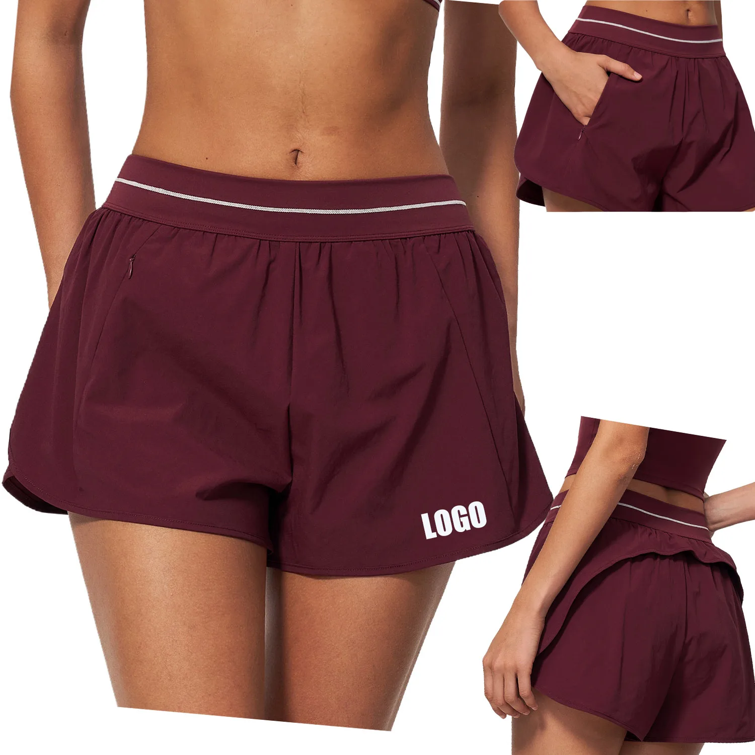 Custom LOGO women's European and American new sports zipper pocket anti-light loose casual fitness yoga shorts