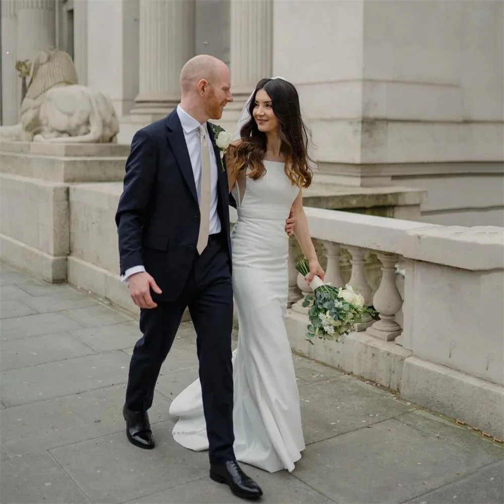 Vestido De novia personalizado con cuello cuadrado, traje De novia con tirantes finos, espalda abierta, tren De barrido, 2025