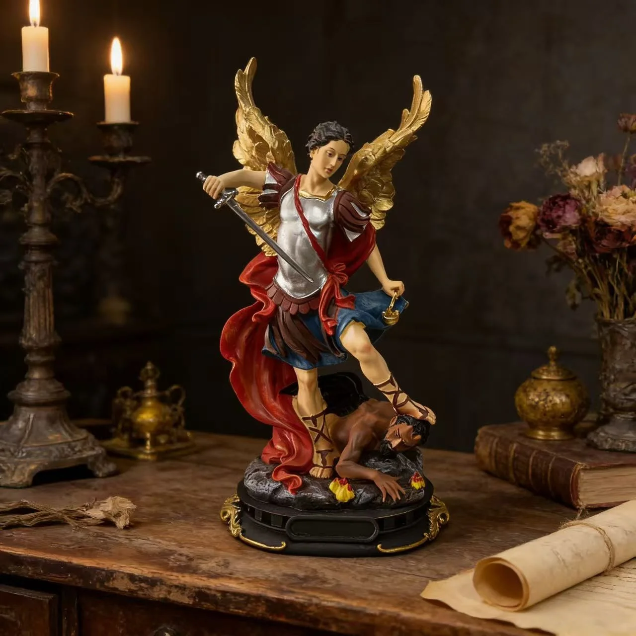 Klassische Heiliger-Michael-Engel-Skulptur Teufelsjäger Religiöse Heimdekoration für Wohnzimmer Arbeitszimmer Flur Ideale Feiertagsdekoration