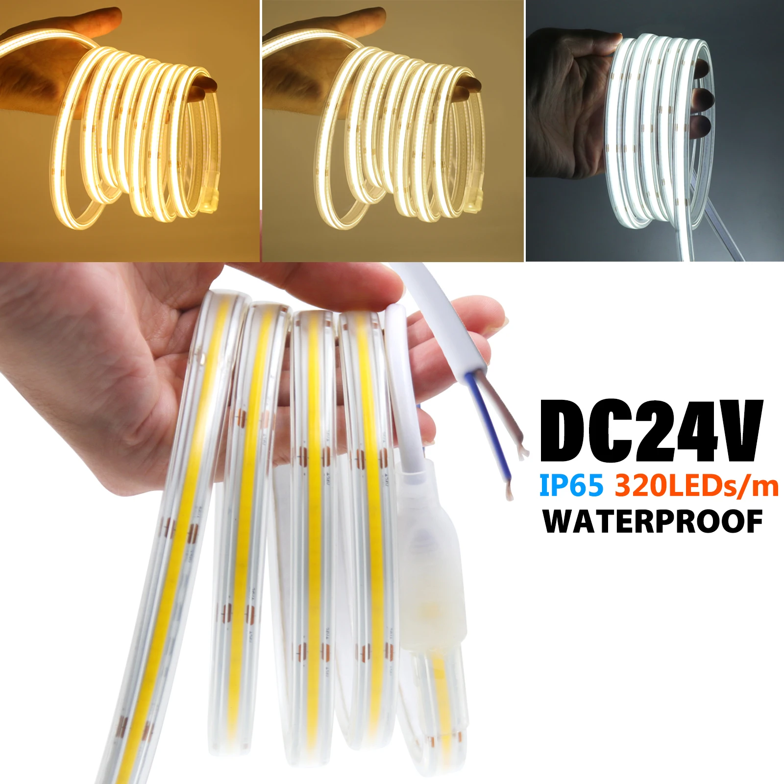 

DC24V COB LED Strip Light Outdoor Waterproof IP65 320Leds/m High Brightness Flexible COB Light Warm White/Natural White/White