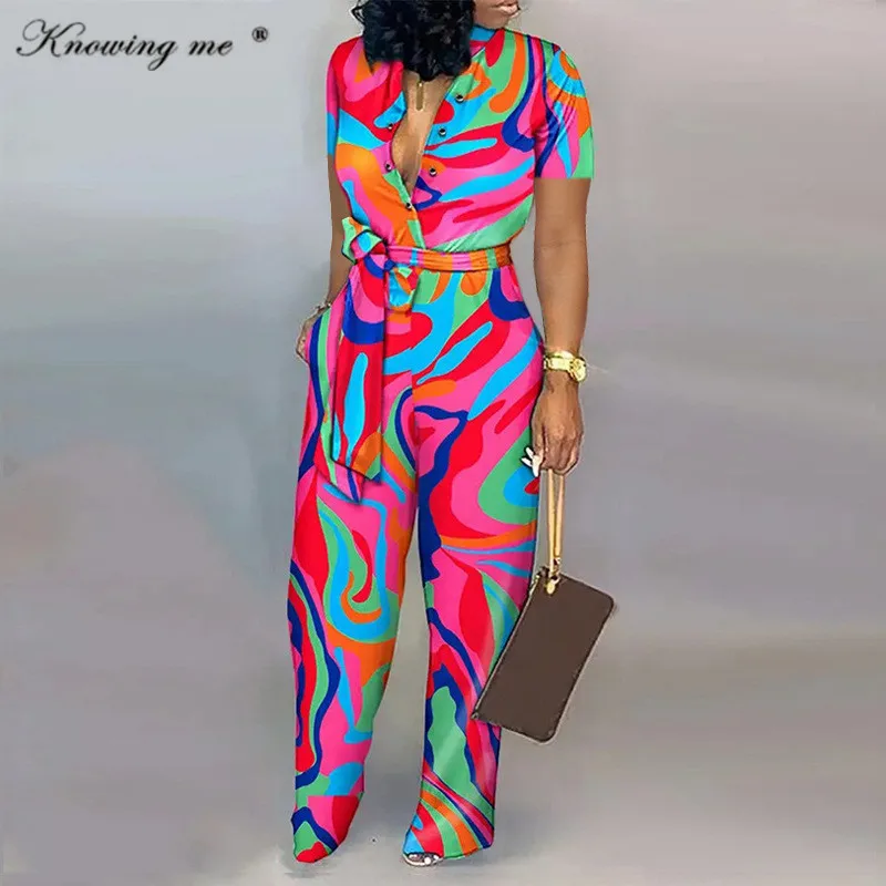 

Women Elegant buttons Jumpsuit 2023 Summer short sleeve Long pants Overalls Female Fashion printed one piece set outfit Romper