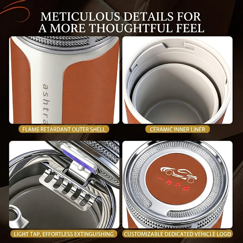 Car Ashtray with Leather Surface and Ceramic Inner Liner, Luxury Sealed Design to Prevent Odor and Ash Dispersion