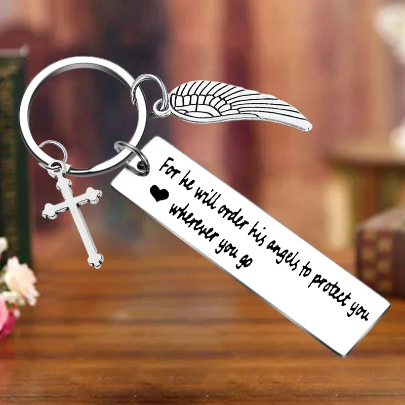 Metal Bible Verse Keychain Christian Gift Religious Key Chain Pendant He Will Order His Angels to Protect You