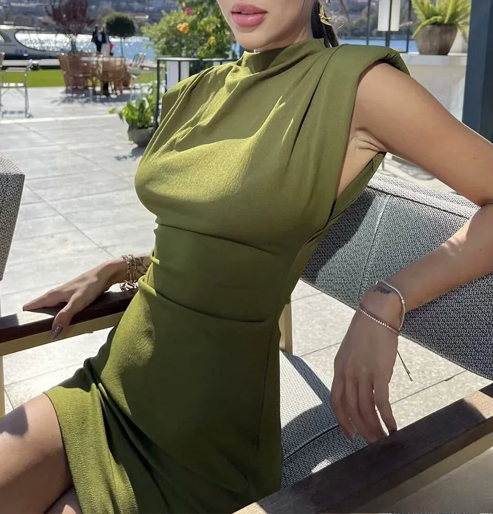 Kondala-mulheres sexy magro vestido curto cintura verde ombreiras mini vestido novo 2025 primavera outono moda festa de casamento vestido de convidado