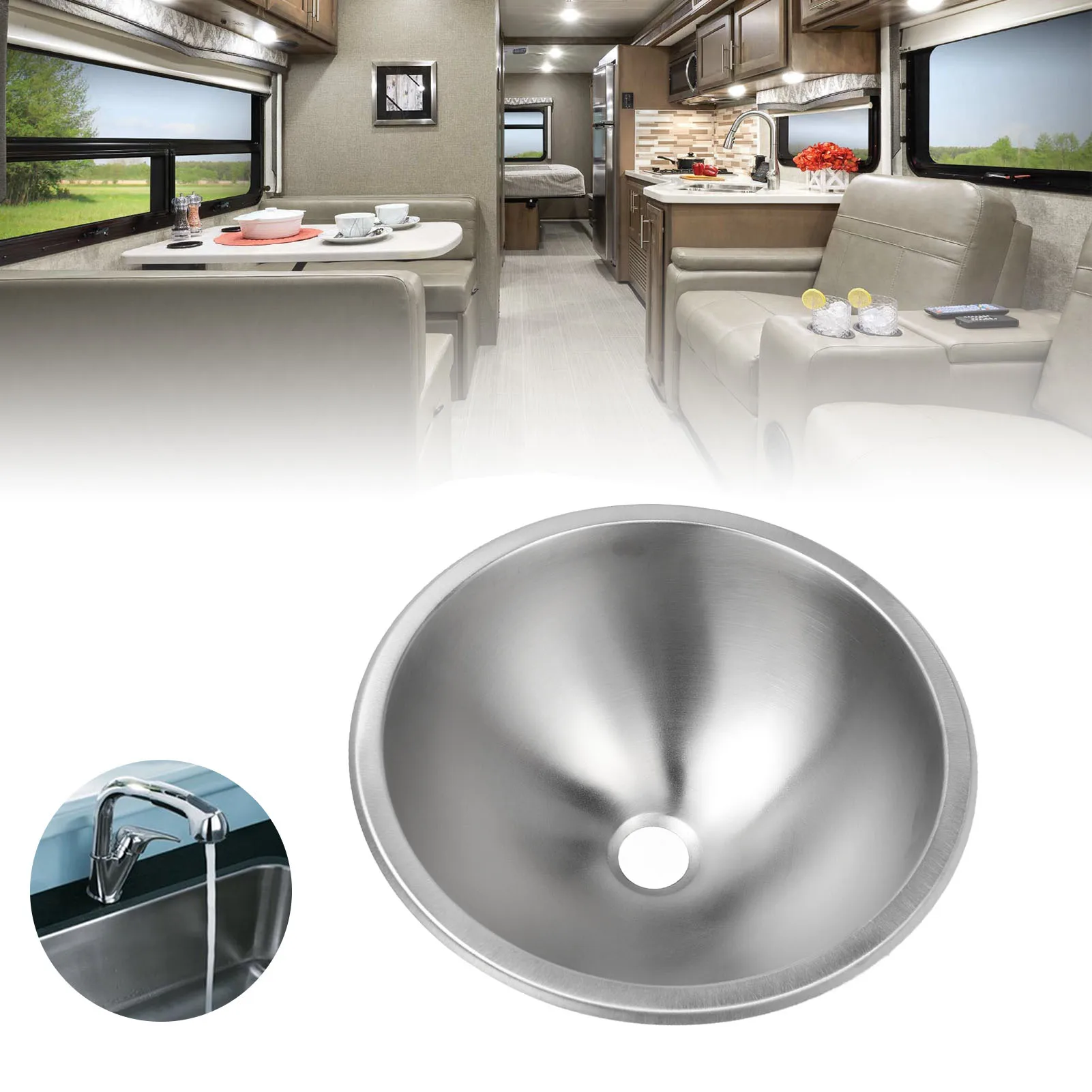 

RV Kitchen Bath Sink Deformation Proof 12 Inch 304 Stainless Steel Round Sink Rust Proof for Boat RV