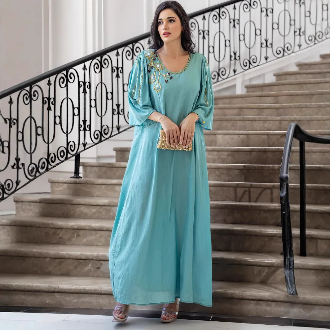 

Eid Muslim Women Dress Abaya Three-Quarter Flared Sleeves Beading Diamond Party Vestido Caftan Jalabiya Ramadan Arab Kaftan Robe
